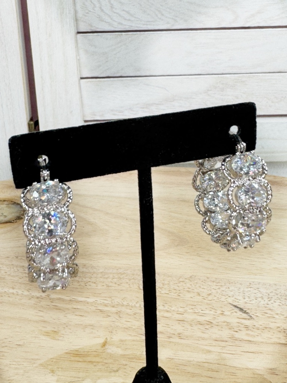 QVC Chunky Rhinestone Silver Tone Hoop Earrings Large Sparkly Classic - Picture 7 of 11